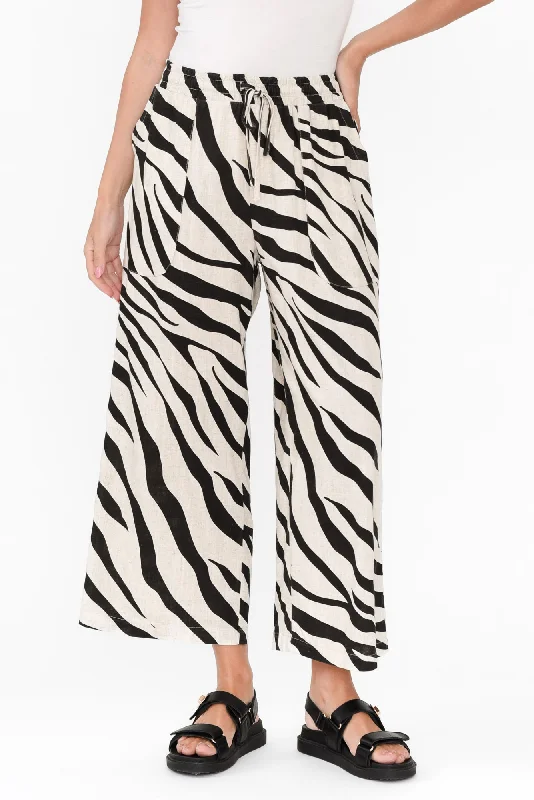 Minnelli Black Zebra Linen Cotton Pants Lightweight Jogger Pants