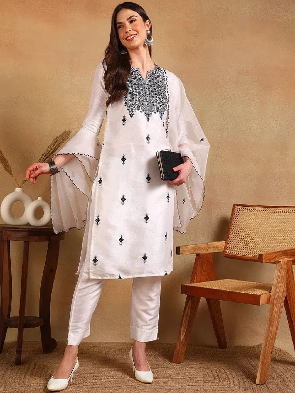 Ahika Women White Silk Blend Embroidered Straight Kurta Pant Set With Dupatta Stylish Elastic Waist Pants