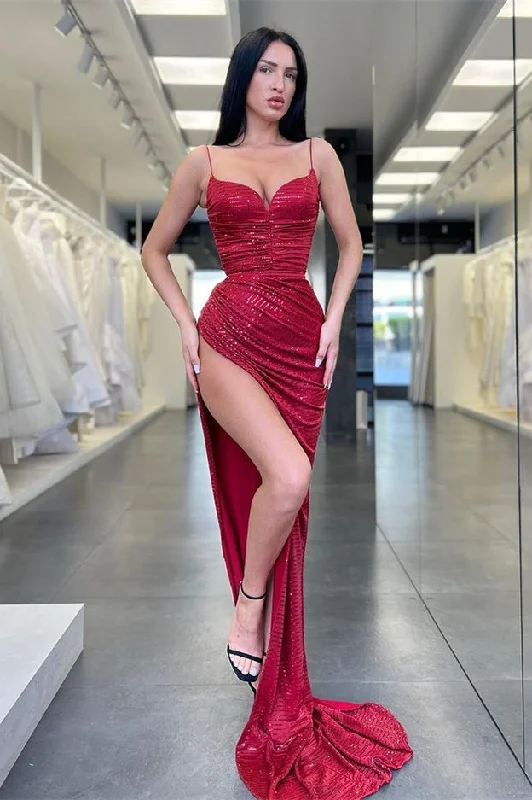 New Arrival Burgundy SPAGHETTI-STRAPS High split Long Mermaid Evening Prom Dresses