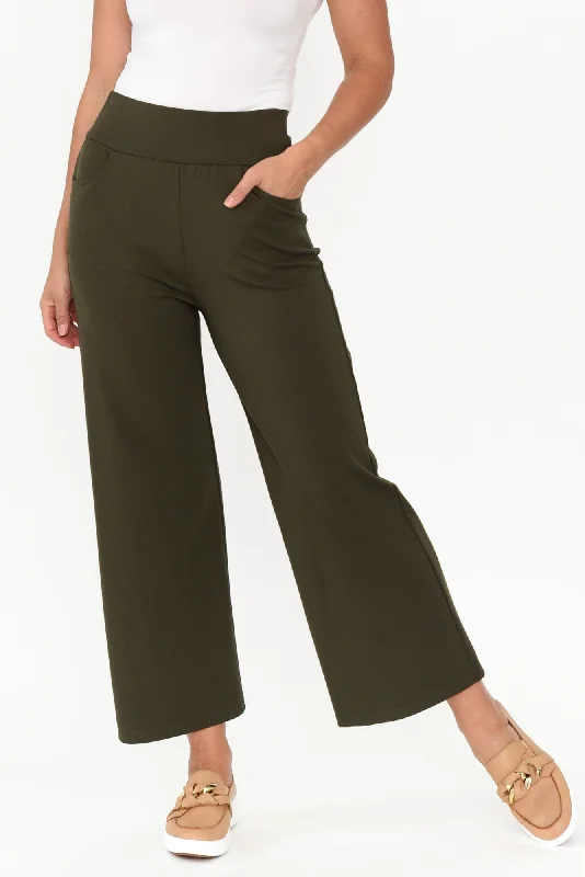 Kimmy Khaki Wide Leg Ponte Pants Soft Stretch Trousers