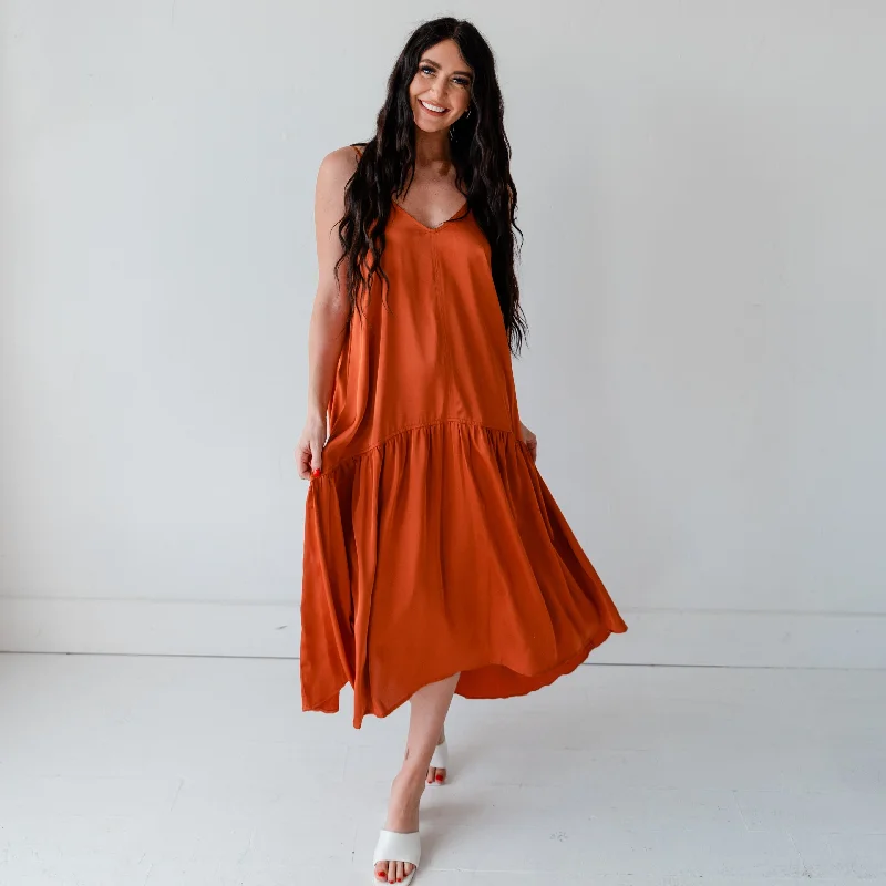 Ruffled Hemline Swing Dress - Rust Tunic Top Casual