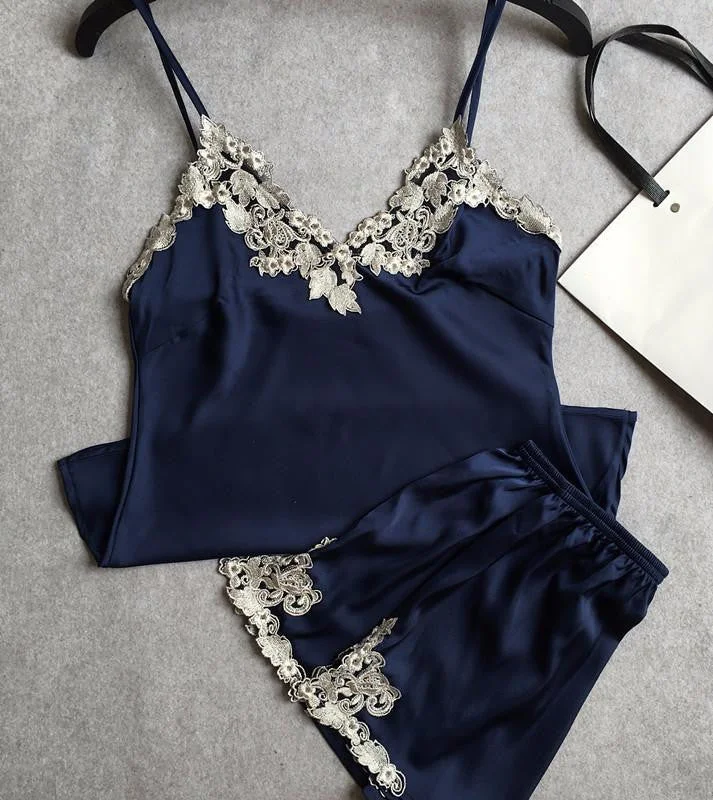 sexy women's lace silk satin pajamas sets short pants sets V-neck suspenders sets Trendy Wide-Leg Pants
