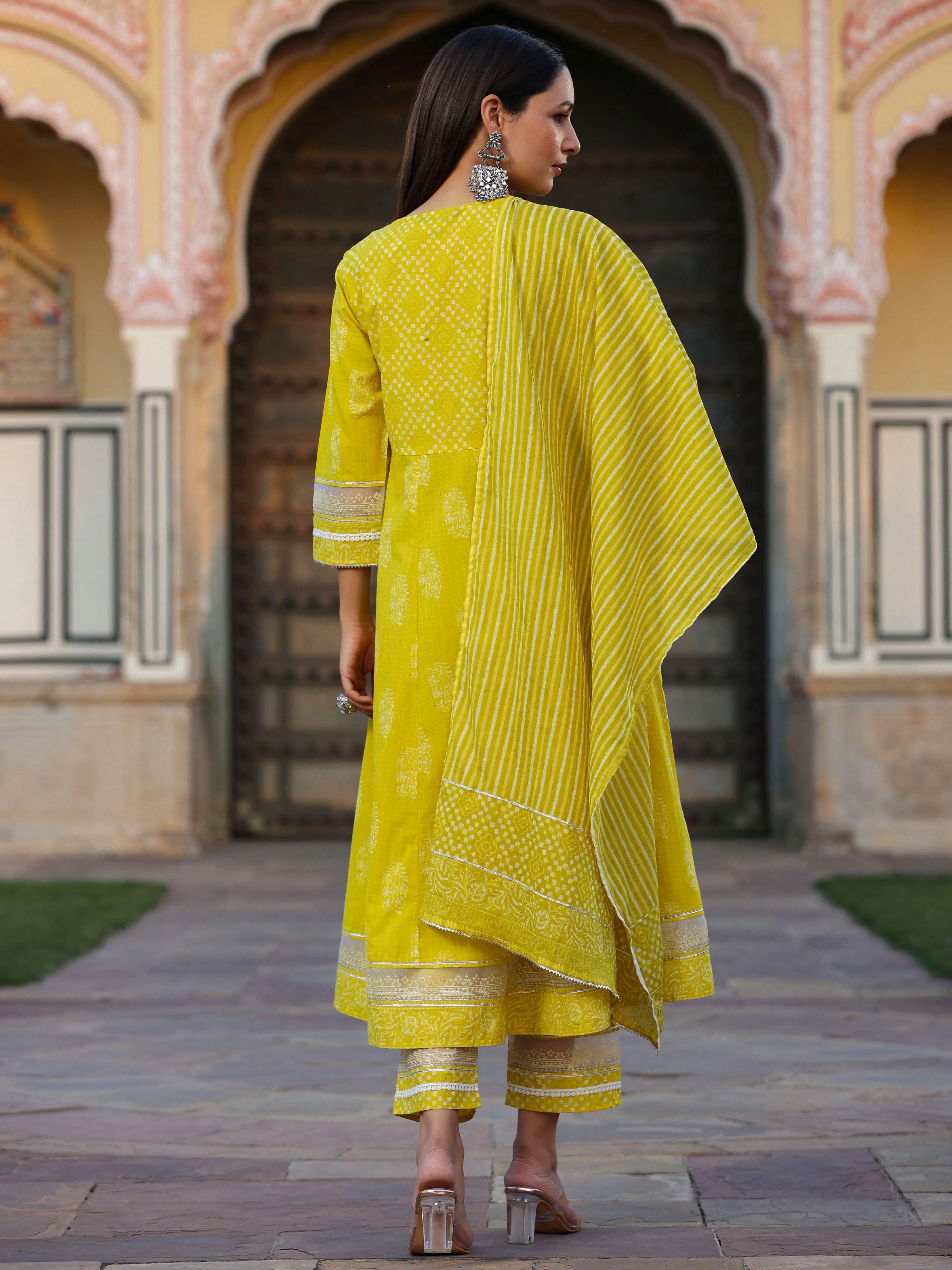 Juniper Women Lime Cotton Cambric Batik Texture Printed Anarkali Kurta, Pants and Dupatta Set. Chic Capri Pants