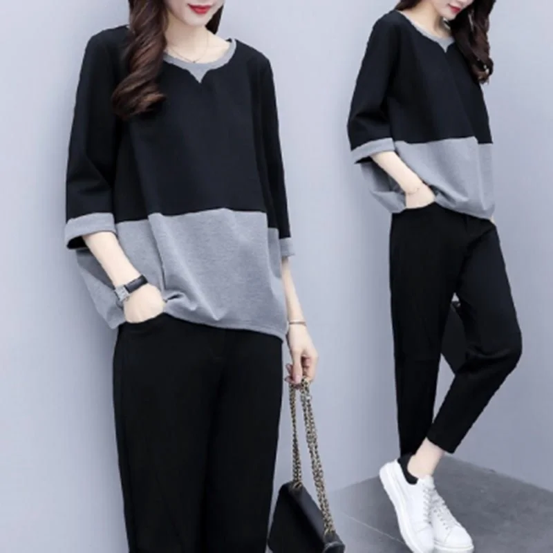 Women Fashion Loose Plus Size Color Blocking Top And Pants Two-Piece Casual Set Formal Dress Pants