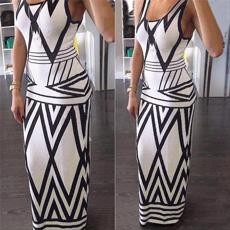 Women Geometric Print Summer Long Maxi Dress Fashion Casual Summer Sleeveless Bodycon Slim Party Dresses Vestidos White Tunics Solid Classic