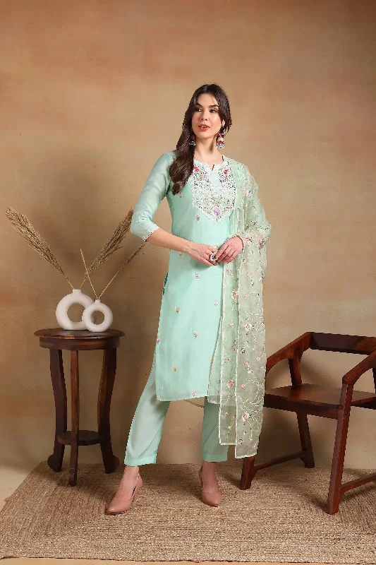 Ahika Women Sea Green Silk Blend Embroidered Straight Kurta Pant Set With Dupatta-PKSKD2027A_XS Casual Wide Pants