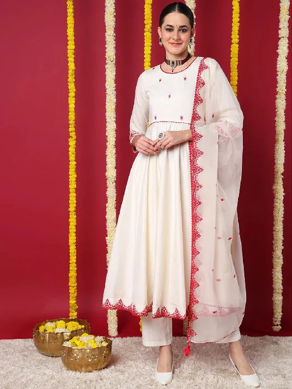 Ahika Women Off White Silk Blend Embroidered Anarkali Kurta Pant Set With Dupatta Chic Faux Leather Pants