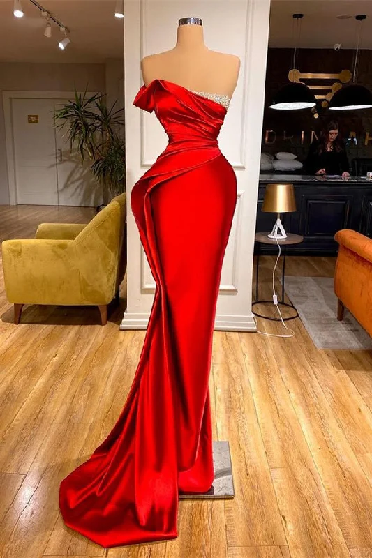 Sexy Red Mermaid Long Evening Prom Dresses With Beads Ruffles