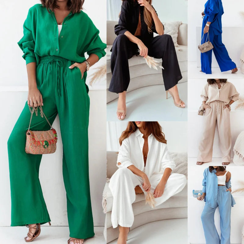 Women Solid Lapel Button Long Sleeve Top And Loose Elastic Wide Leg Pants Two Piece Set Classic Straight Pants