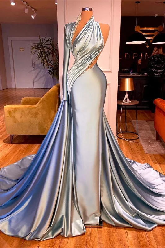 New Arrival One Shoulder Long Sleeves Mermaid Evening Prom Dresses With Beads