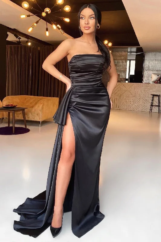 Black Strapless High split Long Mermaid Low back Pleats Evening Prom Dresses