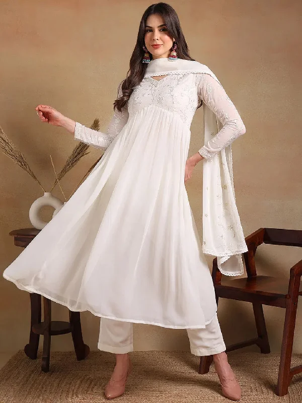 Ahika Women Off White Poly Georgette Embroidered A-Line Kurta Pant Set With Dupatta Casual Skinny Fit Pants