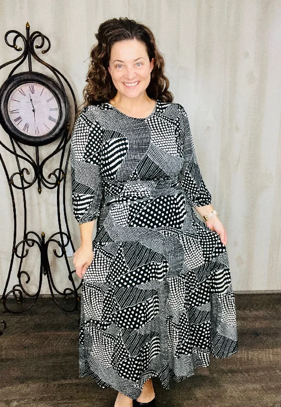 Black & White Smocked Waist Dress Tunics Evening elegant