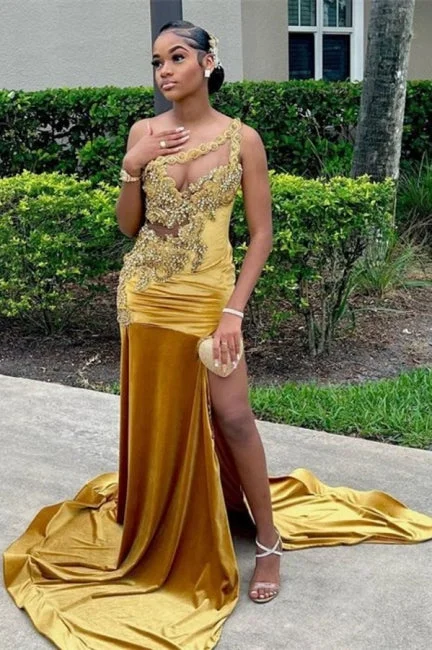 Elegant Gold One Shoulder Long Satin Lace Prom Dresses with Appliques