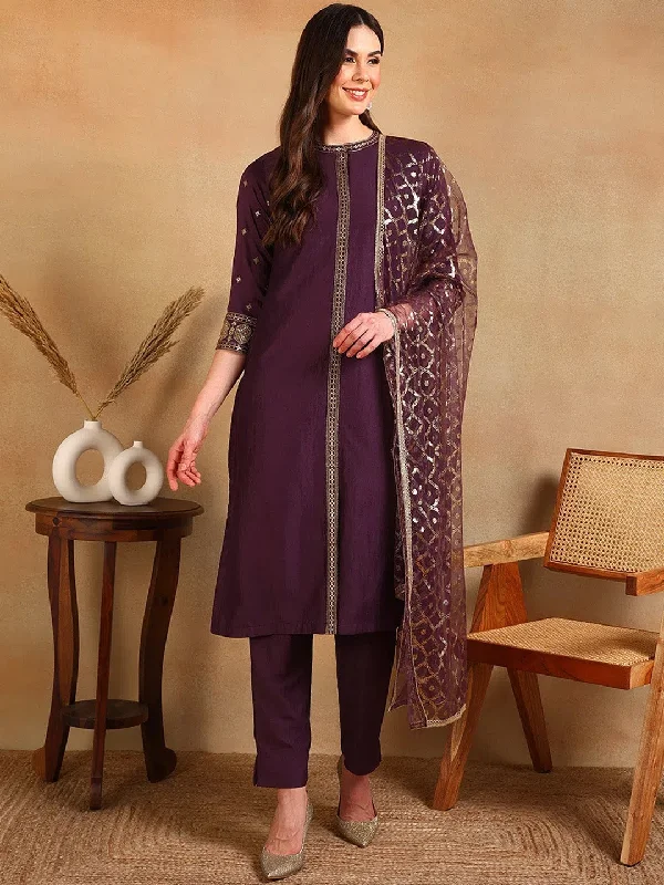 Ahika Women Purple Silk Blend Embroidered Straight Kurta Pant Set With Dupatta-PKSKD2370_S Elegant High-Waist Pants