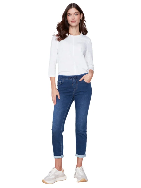 Knit Denim Jogger Pants C5347S Trendy High-Waist Trousers