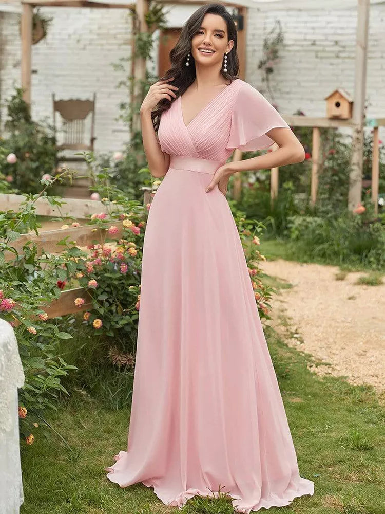Bridesmaid Dresses Long Elegant A Line Double V Neck Ruffles Chiffon Formal Wedding Party Dress New Long Prom Dress Tunics Recommended stylist