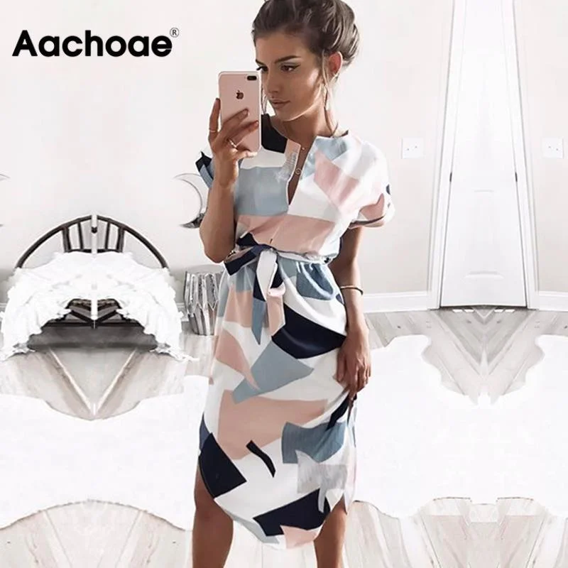 Aachoae 2020 Women Midi Party Dresses Geometric Print Summer Boho Beach Dress Loose Batwing Sleeve Dress Vestidos Plus Size Tunics Plaid country