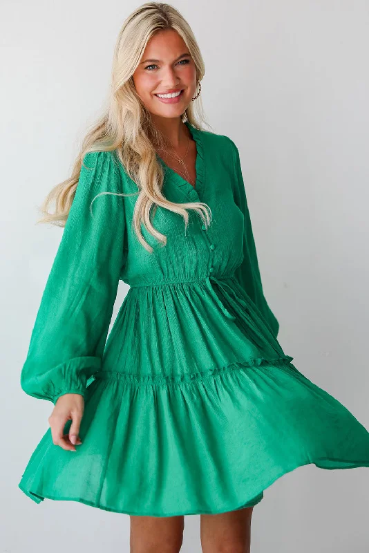 Kelli Green Frilly Puff Sleeve Dress Tunics Versatile stylish