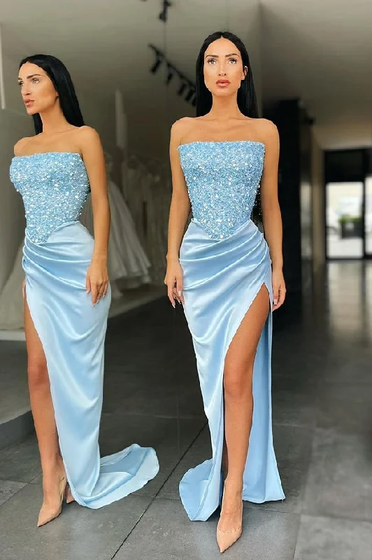 Trendy Sky blue Strapless Sequin Top High split Evening Prom Dresses