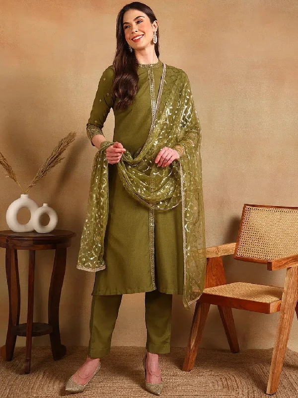 Ahika Women Olive Silk Blend Embroidered Straight Kurta Pant Set With Dupatta-PKSKD2372_S Wide-Legged Palazzos
