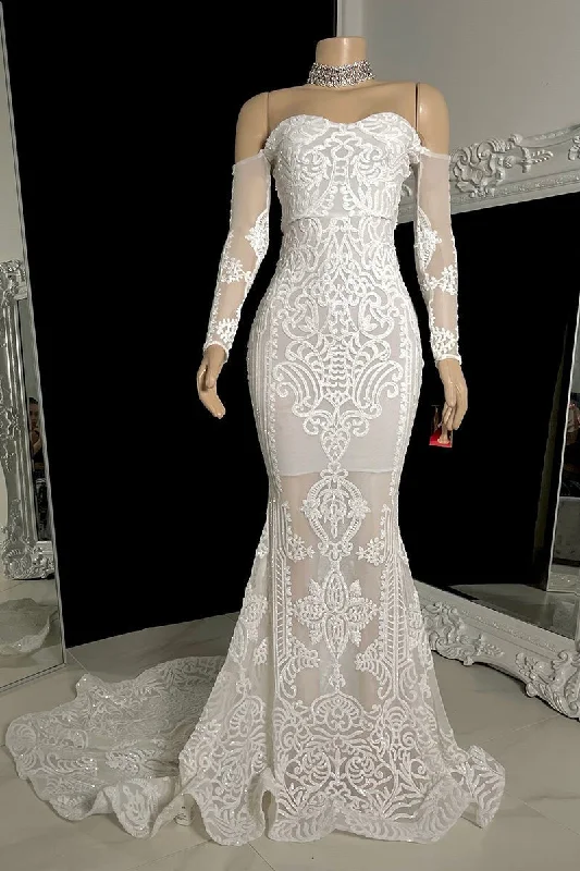 Suzhoufashion Beautiful Off-the-shoulder Lace Long Sleeves Prom Dress With Train Long Mermaid