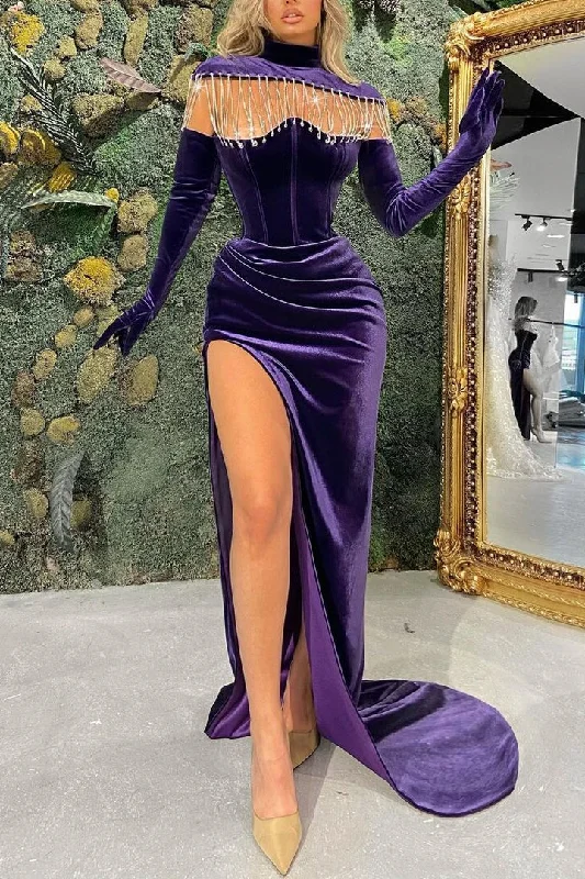 Regency Long Sleeves High Neck Evening Prom Dresses Mermaid Long With Slit