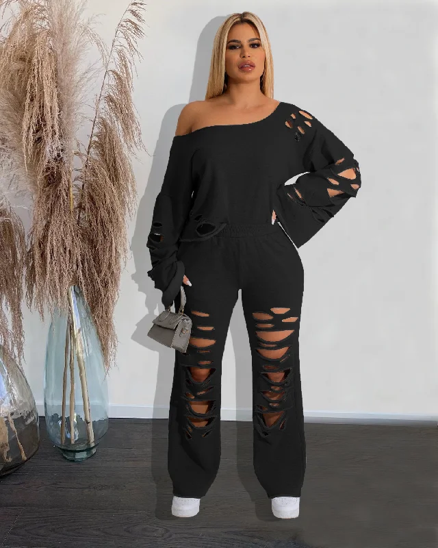 Women Solid Color Loose Long Sleeve Ripped Top And High Waist Wide Leg Pants Two-Piece Set Lightweight Linen Pants