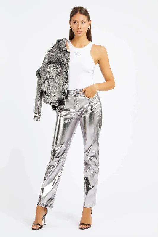AMBRA METALLIC FAUX LEATHER STRAIGHT PANTS Slim-Fit Khaki Pants