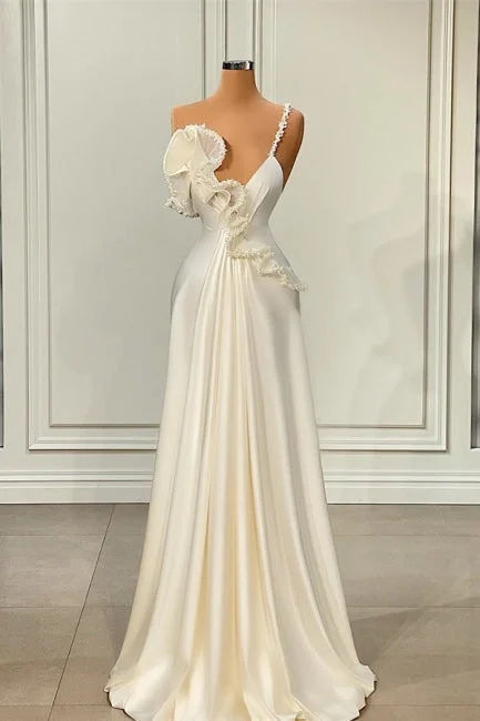 Chic White Satin Evening Prom Dresses with Ruffles
