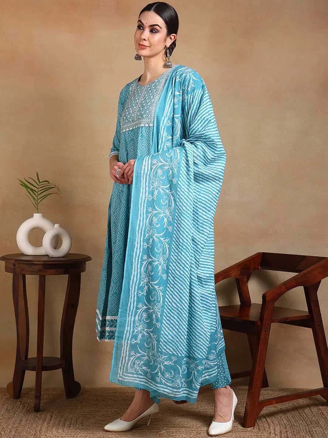 Ahika Women Blue Rayon Blend Embroidered Anarkali Kurta Pant Set Formal Dress Pants
