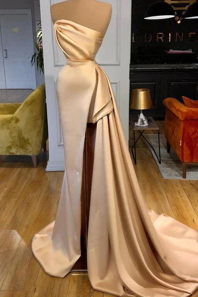 Simple Long A-line Champagne Strapless Prom Dress Split Long