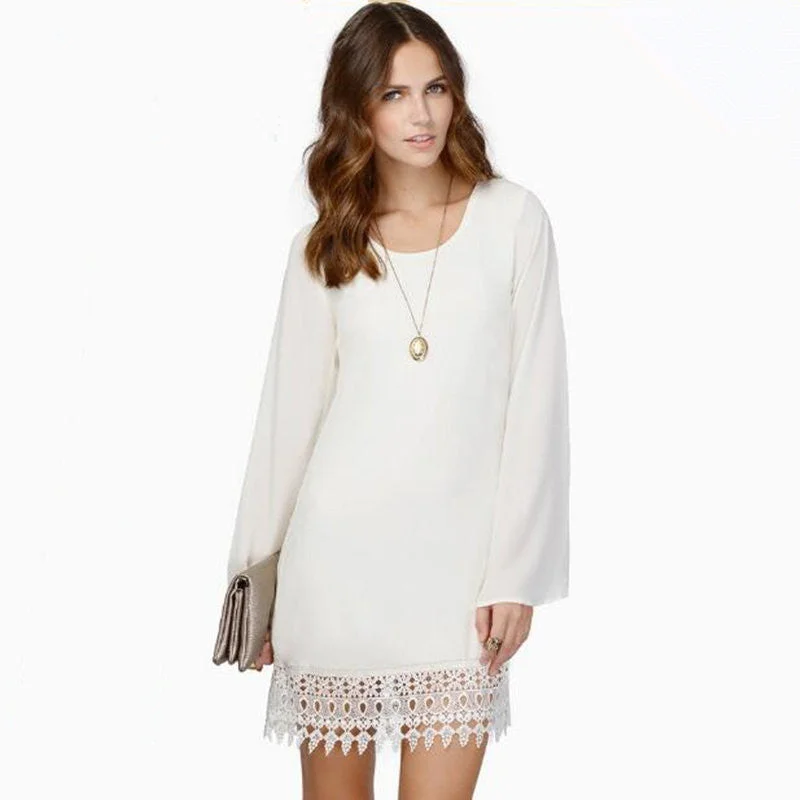 Dress Long Sleeve Party Dresses Women Lace Chiffon Casual Mini Dress White Black Tunics Floral girly