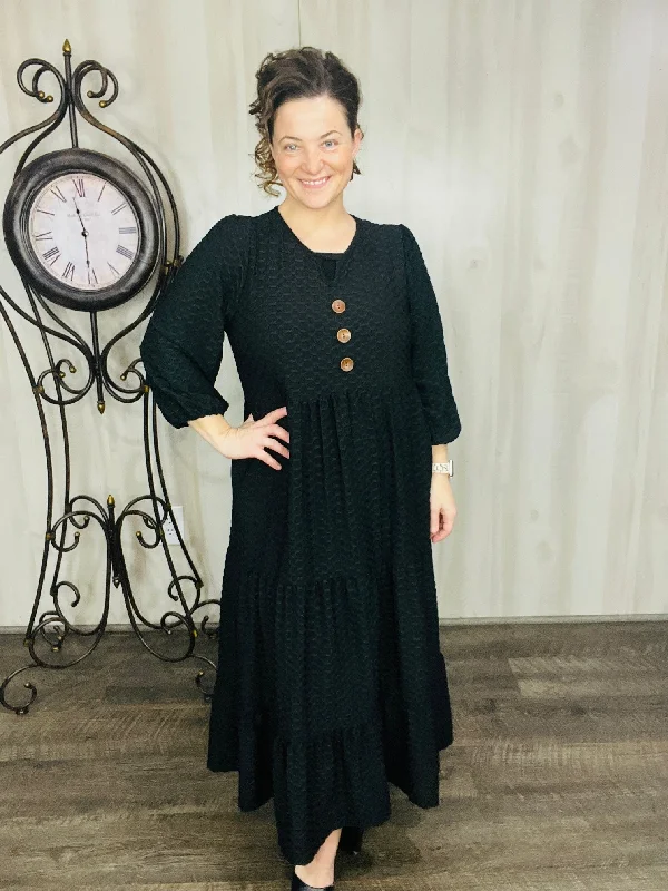 Tonya & Wood Button Dress- Black Honeycomb Tunics Fall fleece