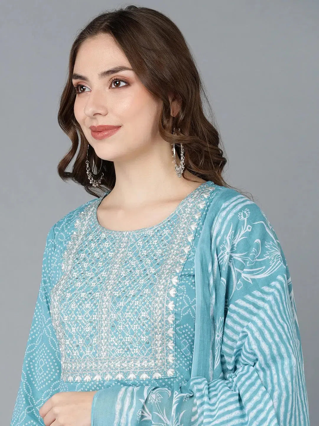 Ahika Women Blue Rayon Blend Embroidered Anarkali Kurta Pant Set With Dupatta Trendy High-Waist Trousers