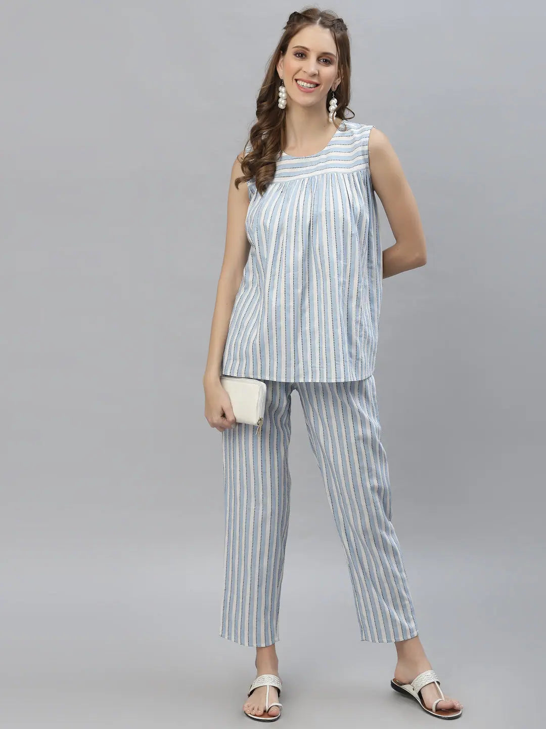 Women's Self Woven Striped Cotton Blend Top and Pant Set Elegant Palazzo Trousers