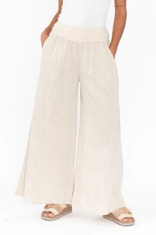 Emeline Beige Linen Blend Pants Trendy Printed Leggings