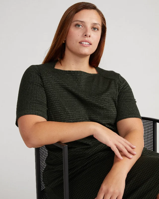 Envelope Neck Ponte Dress - Forest Houndstooth