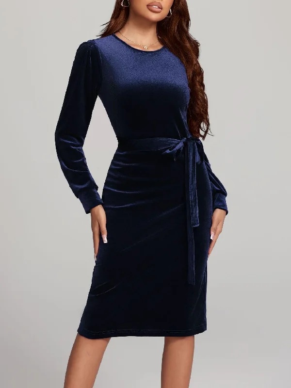 Hazel Blues® |  Round Neck Tie Waist Long Sleeve Velvet Dress Tunics Brand named