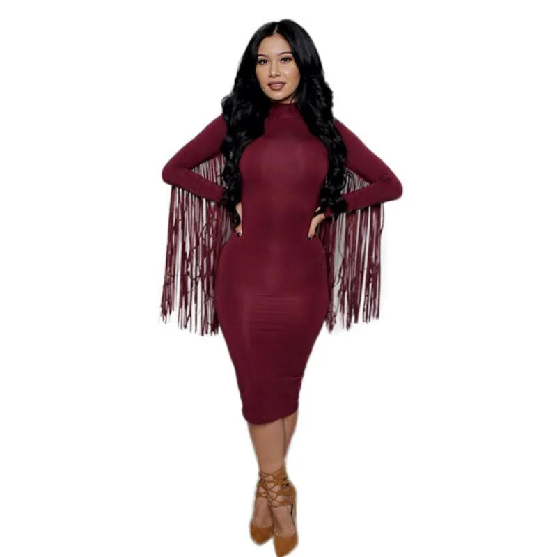 Women Back Fringe Tassel Long Sleeve Fitted Slim Bodycon Dress paragraph bandage party dress black Tunics New arrival Women Back Fringe Tassel Long Sleeve Fitted Slim Bodycon Dress paragraph bandage party dress black Tunics New arrival