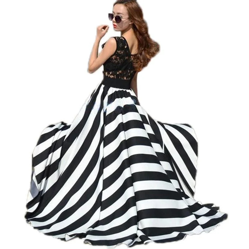 Vestidos Women Summer Hollow Out Lace Patchwork Stripe Sleeveless O-neck Boho Beach Long Maxi Party Dresses Plus Size Tunics Formal black