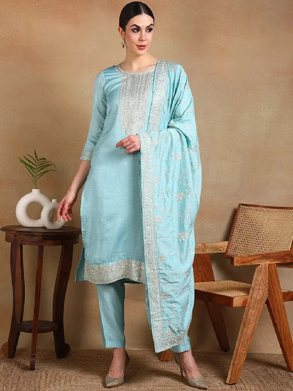 Ahika Women Blue Silk Blend Embroidered Straight Kurta Pant Set With Dupatta-PKSKD1888D_XS Modern Bootcut Pants