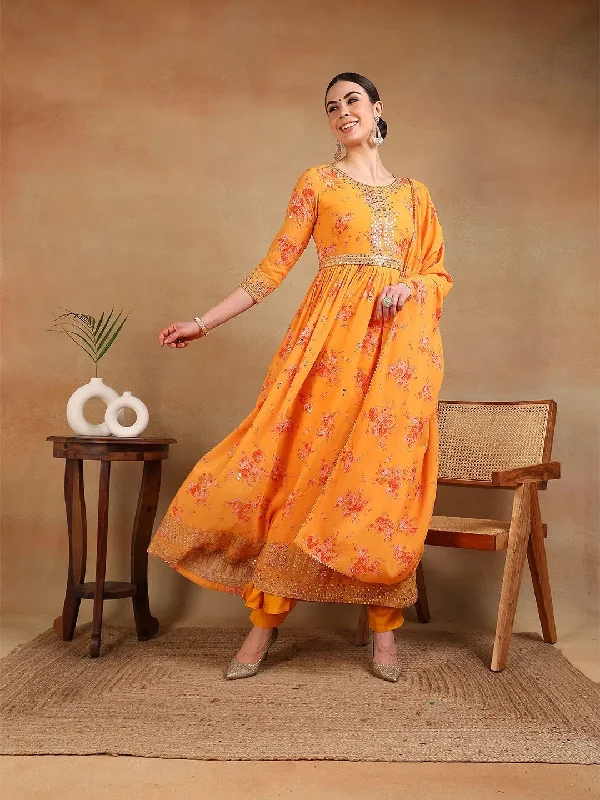 Ahika Women Orange Georgette Printed Anarkali Kurta Pant Set With Dupatta Chic Wool Trousers