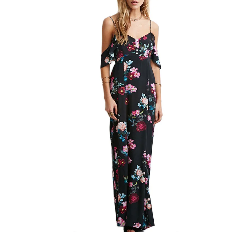 Off Shoulder Summer Boho Beach dress casual Sleeveless Chiffon Women Maxi Retro Floral Print Evening Long Party Dresses Tunics Formal black