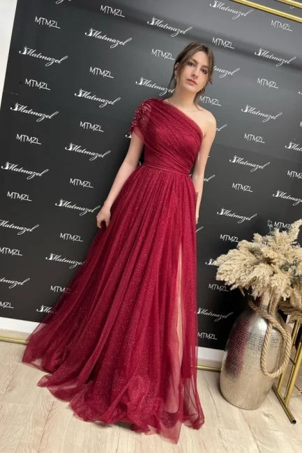 Suzhoufashion Gorgeous Burgundy One Shoulder Sleeveless Evening Dresses With Slit Long Glitter A-line