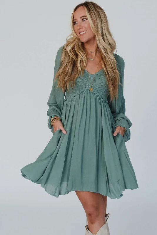 Mist Green Smocked Bubble Sleeve Dress Tunics Top rated