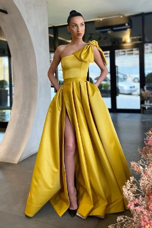Glorious One Shoulder Yellow Evening Prom Dresses Split Long With Pockets