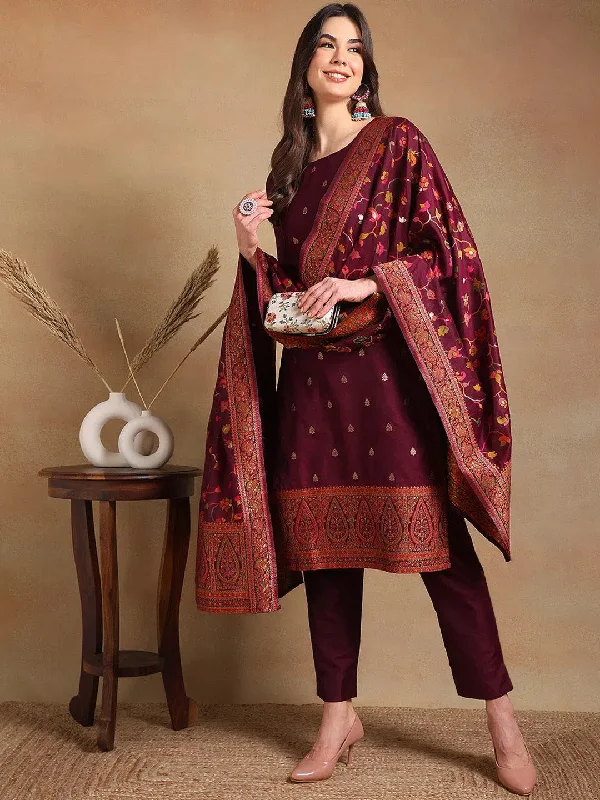 Ahika Women Burgundy Poly Chanderi Woven Design Straight Kurta Pant Set With Dupatta Cozy Fitted Pants