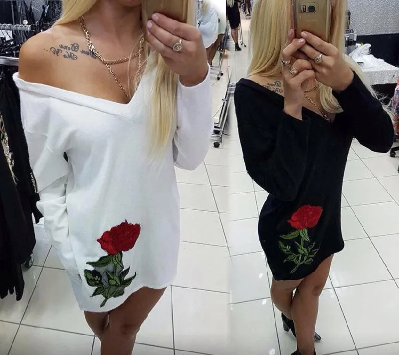 Style Casual Womens Deep V-neck Autumn Embroidery Party Dresses Fall Vintage Long Sleeve Casual Dress Tunics Fleece cozy