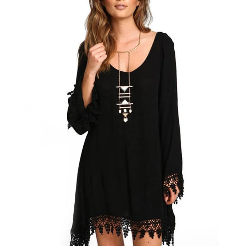 Women Ladies Casual Loose Long Sleeve Tassel Black Party Dress Summer Boho Beach Maxi Sun Dresses Z2 Off-the-shoulder Bohemian Festive